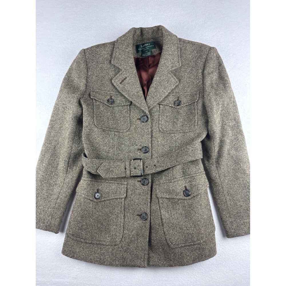 Lauren Ralph Lauren Petite 6P Brown Tweed 100% Lambswool Belted Safari Jacket